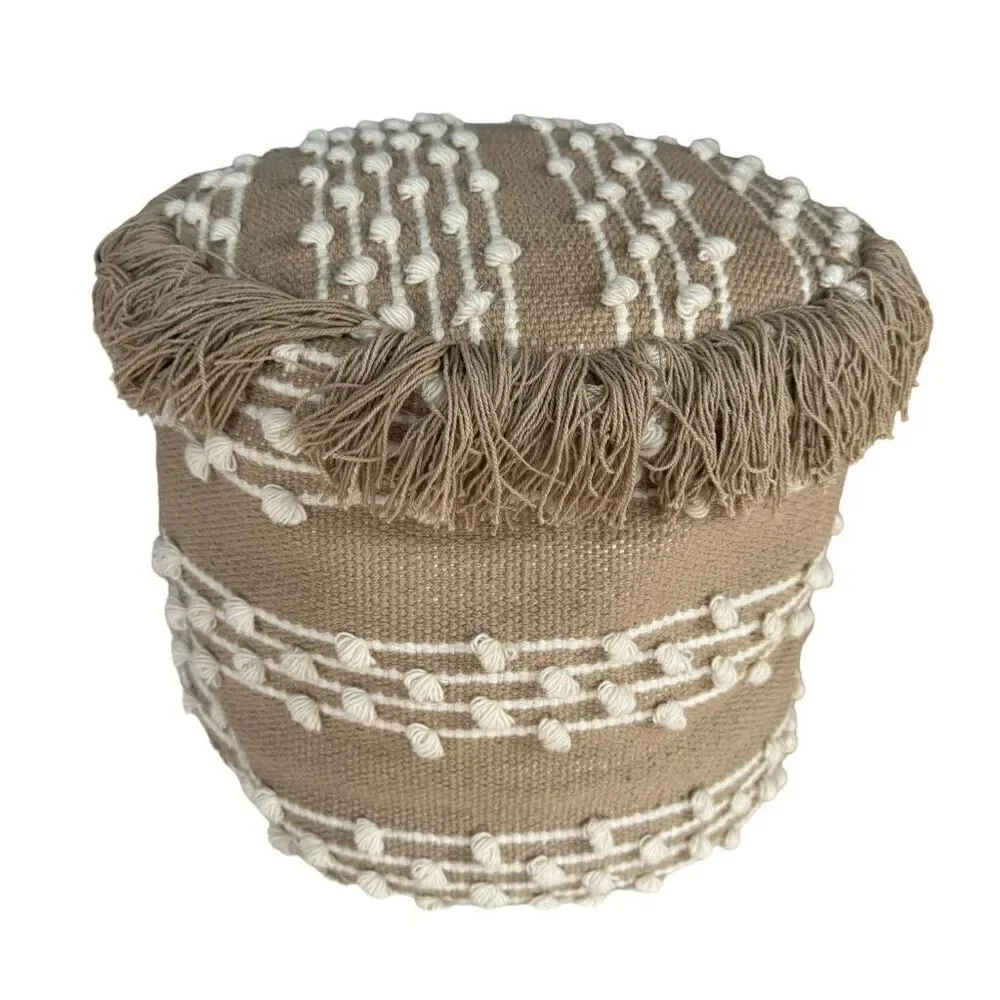 Round Bean Bag Pouf seat in Ivory and white color 13” tall 17” diameter